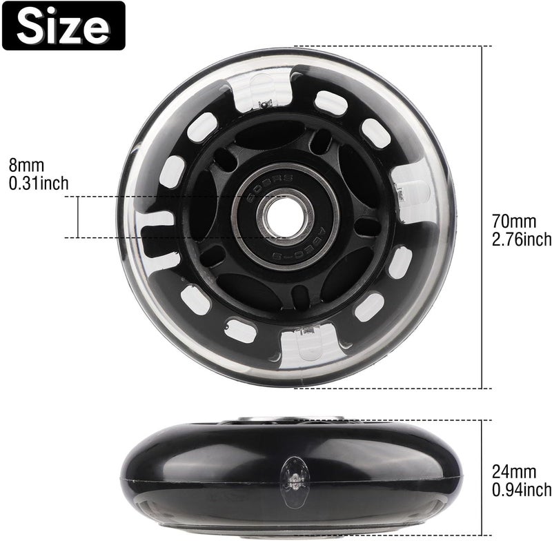 WHEELGOO 4 عبوات من عجلات التزلج على الجليد PU مع عجلات مضيئة بديلة مع حشوات للأطفال والشباب (أسود، 70 مم) - Image 2
